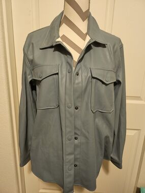 Love Tree Light Slate Blue Faux Leather Shirt Jacket